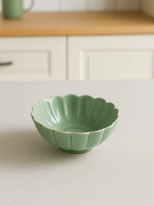 Ceramiczna, szkliwiona miseczka w kolorze szałwiowej zieleni o kształcie kwiatu stoi na jasnym blacie. Jasna aranżacja kuchenna przedstawia miękko rozmyte białe szafki i drewniany blat w tle.