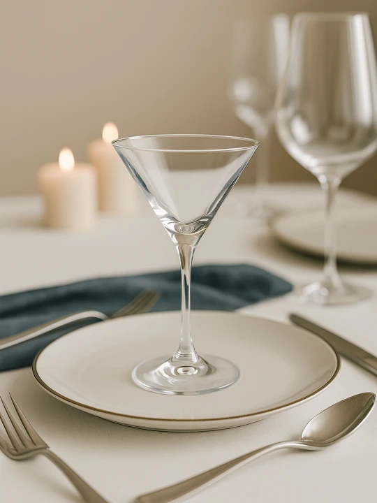 Elegancki kieliszek do martini w nastrojowej aranżacji stołowej, na białym talerzu ze złotą obwódką. Obok srebrne sztućce i granatowa serwetka, w tle dwie zapalone świece.